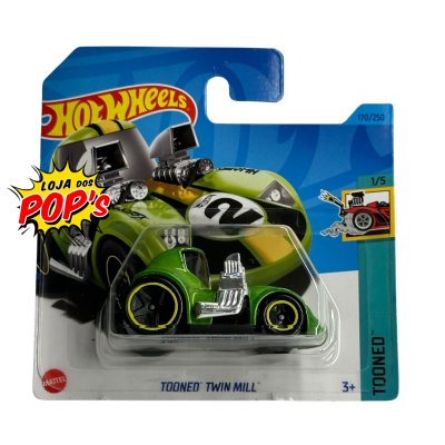 Carrinho Hot Wheels verde 'TOONED TWIN MILL' em embalagem