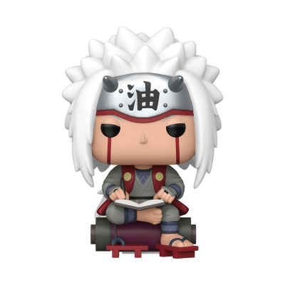 Figura Funko Pop do personagem Jiraiya do anime Naruto sentado a ler um livro.