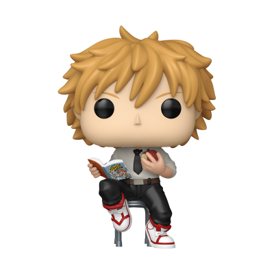 Figura Funko Pop de personagem loiro com roupa formal e ténis segurando um livro e uma maçã sentado numa cadeira.