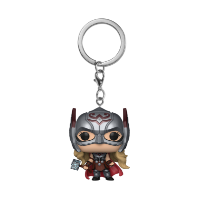 Chaveiro Funko Pop da personagem Thor com capacete prateado e capa vermelha