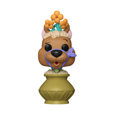 Figura colecionável de Scooby-Doo com flores na cabeça dentro de vaso amarelo