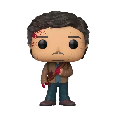 Figura Funko Pop masculina com cabelo castanho, casaco bege, manchas vermelhas e calças azuis.