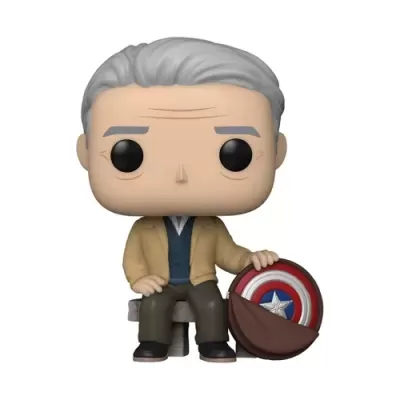 Figura Funko Pop sentado a segurar um escudo vermelho, branco e azul