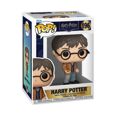 Boneco Funko Pop Harry Potter na embalagem com fundo branco e azul