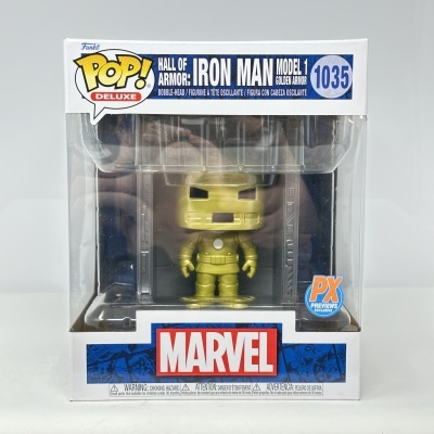 Figura Funko Pop Deluxe de Iron Man dourada em caixa com logo Marvel