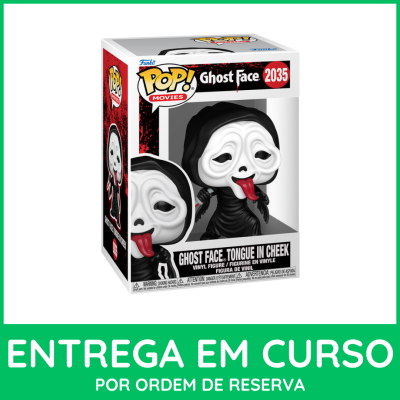 Figura Funko Pop Ghost Face em caixa branca e preta com detalhes em vermelho.