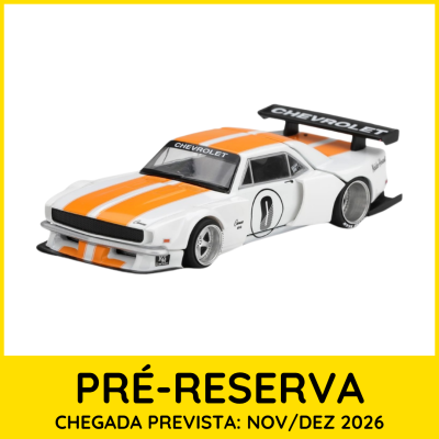 Miniatura de carro desportivo Chevrolet Camaro SS branco com riscas laranja e branca.