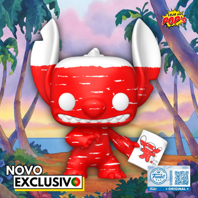 Figura Funko Pop vermelha e branca com grandes orelhas segurando papel, fundo de floresta