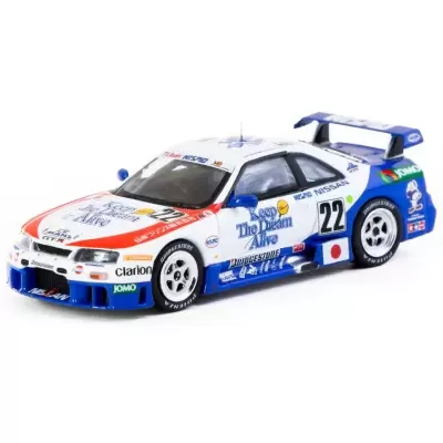 Miniatura de carro de corrida Nissan GT-R branco, azul e vermelho com número 22