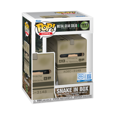 Figura Funko Pop Snake Eater Metal Gear Solid numa caixa com ilustração do produto e texto
