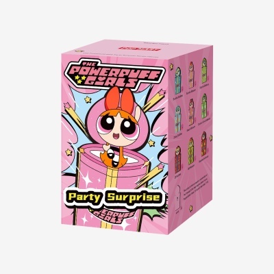 Caixa rosa The Powerpuff Girls Party Surprise com personagem animada e estrelas