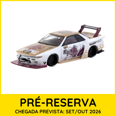 Miniatura de carro desportivo branco e dourado com decoração de dragão e spoiler vermelho