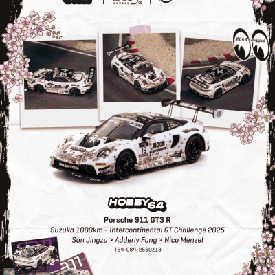 Miniatura de Porsche 911 GT3 R com padrão floral e texto MOON Equipped