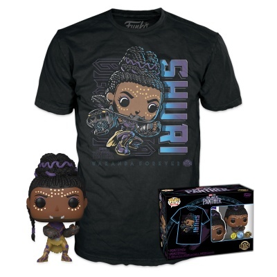 Conjunto Funko com t-shirt preta e figura colecionável do personagem Shuri