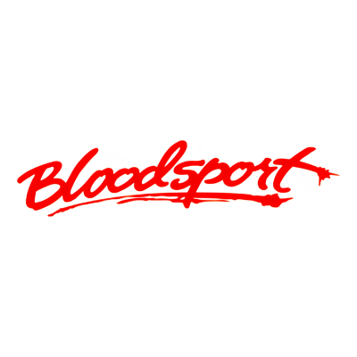 Texto vermelho cursivo Bloodsport sobre fundo branco