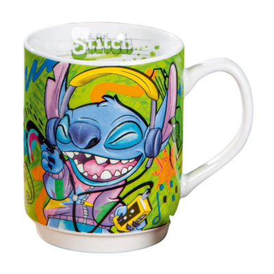 Caneca de cerâmica com imagem colorida do Stitch e texto Stitch