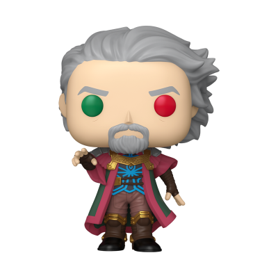 Boneco colecionável tipo Funko Pop com cabelo cinzento e casaco vermelho