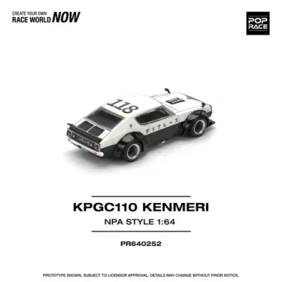 Miniatura de carro de corrida Pop Race KPGC110 Kenmeri preto e branco na escala 1:64