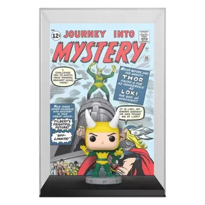 Figura Funko Pop de Loki e capa da revista Journey Into Mystery com Thor