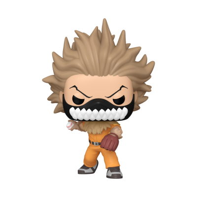 Figura colecionável com cabelo espetado, máscara com dentes, roupa laranja e luva castanha segurando uma bola de beisebol