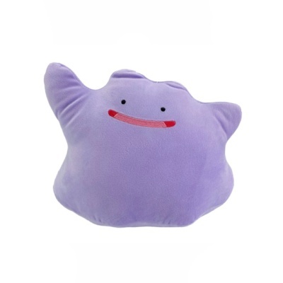 Pelúcia lilás em forma de personagem com olhos pequenos e boca vermelha.