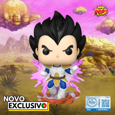 Funko Pop Vegeta com efeito luminoso roxo em cenário rochoso falso
