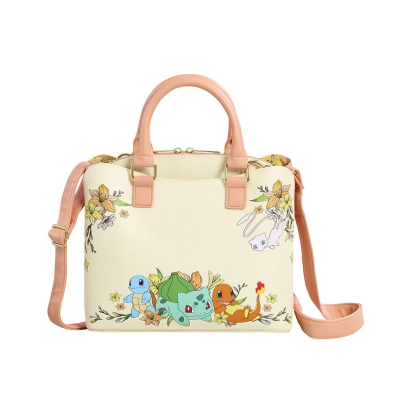 Mala de mão creme com personagens de Pokémon e flores decorativas