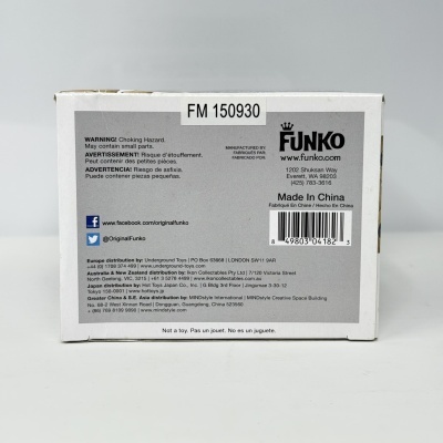 Caixa branca de produto Funko com texto e código de barras