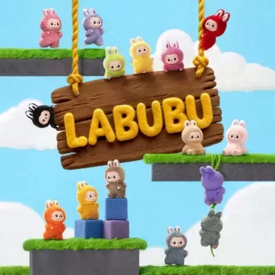 Diverse plush LABUBU figures in various colors arranged on a colorful block and wood setting