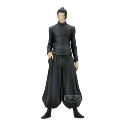Figura colecionável masculina de roupa preta com etiqueta BANPRESTO