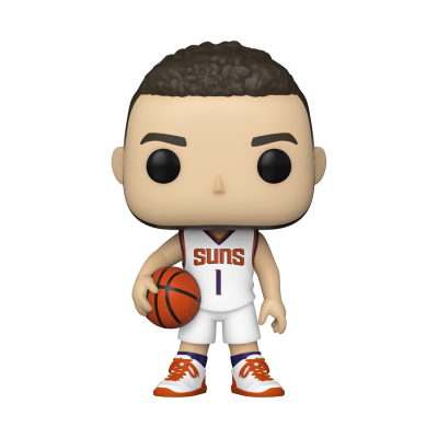 Figura colecionável de jogador de basquetebol com uniforme branco e bola laranja