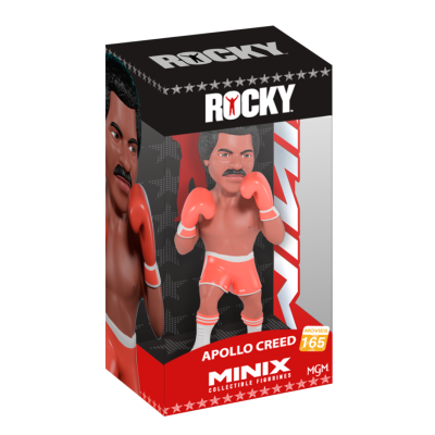 Figura colecionável Apollo Creed em embalagem preta e vermelha com texto Rocky e Minix.