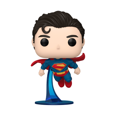 Figura Funko Pop do Super-Homem com fato azul e capa vermelha a voar sobre base azul