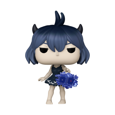 Figura Funko Pop com cabelo azul escuro e vestido preto segurando objeto azul translúcido