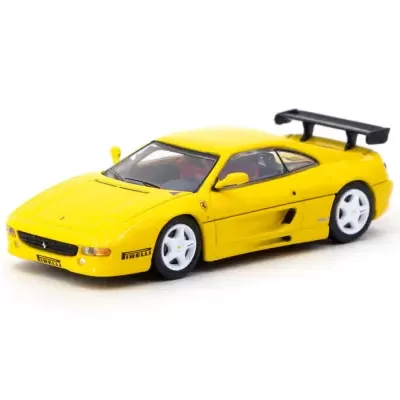 Miniatura de carro desportivo amarelo com símbolos e autocolantes