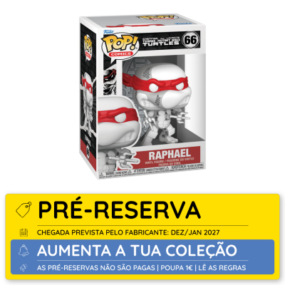 Figura Funko Pop! Raphael TMNT branca com faixa vermelha, em caixa com aviso pré-reserva amarelo e azul.