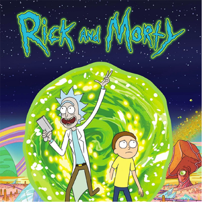 Capa da série Rick and Morty com portal verde e personagem animados
