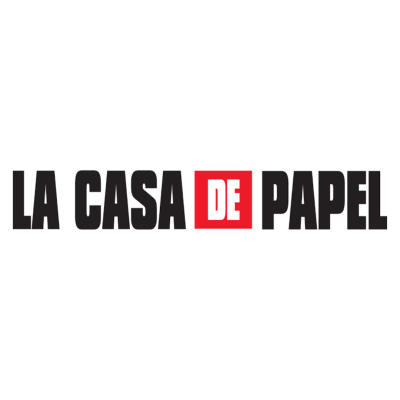 Logo texto LA CASA DE PAPEL com destaque em DE num retângulo vermelho
