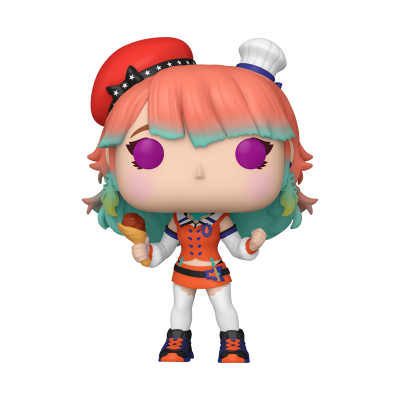 Figura Funko Pop com cabelo laranja e verde, roupa laranja e branca, boné vermelho, segurando um gelado.