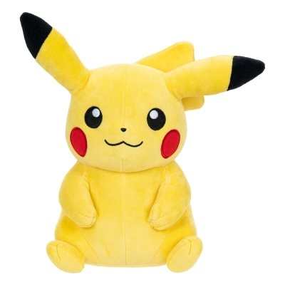 Pelúcia amarela do personagem Pikachu com orelhas pretas e bochechas vermelhas