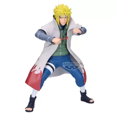Figura colecionável de personagem anime com roupa azul, verde e capa branca com vermelho, segurando uma kunai.