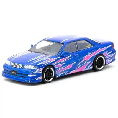 Miniatura de carro desportivo azul com decalques rosa e brancos