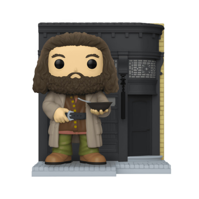 Figura Funko Pop de homem com barba e cabelo comprido, vestindo casaco bege, em frente a fachada com porta preta.