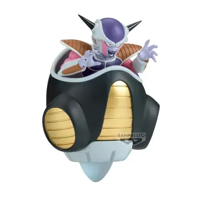 Figura de ação personagem lilás com capacete roxo sentado em cápsula preta e dourada