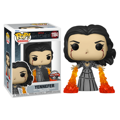 Boneco Funko Pop! Yennefer da série The Witcher com chamas nas mãos e caixa ao lado