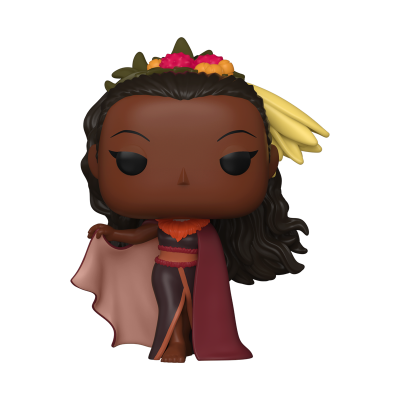 Figura Funko Pop de personagem feminina com pena colorida na cabeça e capa bordeaux