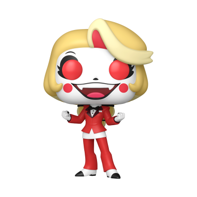 Figura colecionável Funko Pop com cabelo loiro e risca vermelha e fato vermelho.
