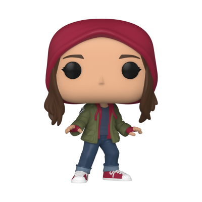 Figura Funko Pop de pessoa com gorro vermelho e casaco verde