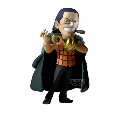 Figurina animada com colete laranja e capa preta a segurar trombeta e charuto