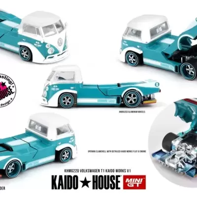Miniatura Volkswagen T1 Kaido Works azul e branco com motor detalhado e rodas de alumínio